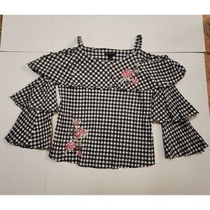 International Concepts Off Shoulder w/ Spaghetti Straps Black White Check Sz Med